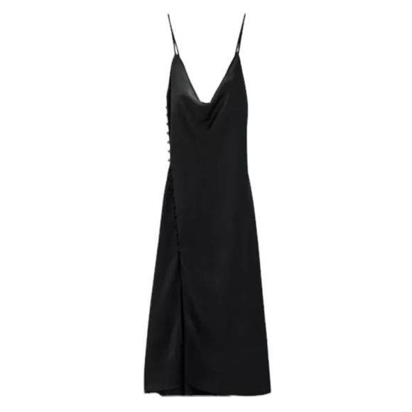 Zara Black Satin Camisole Draped Neck Button Detail Slip Midi Dress - Picture 2 of 7